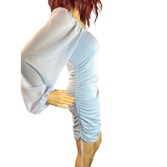 (6 for $25) Powder Blue Lantern Sleeve Square-Neck Mini Dress - Picture 3 of 5